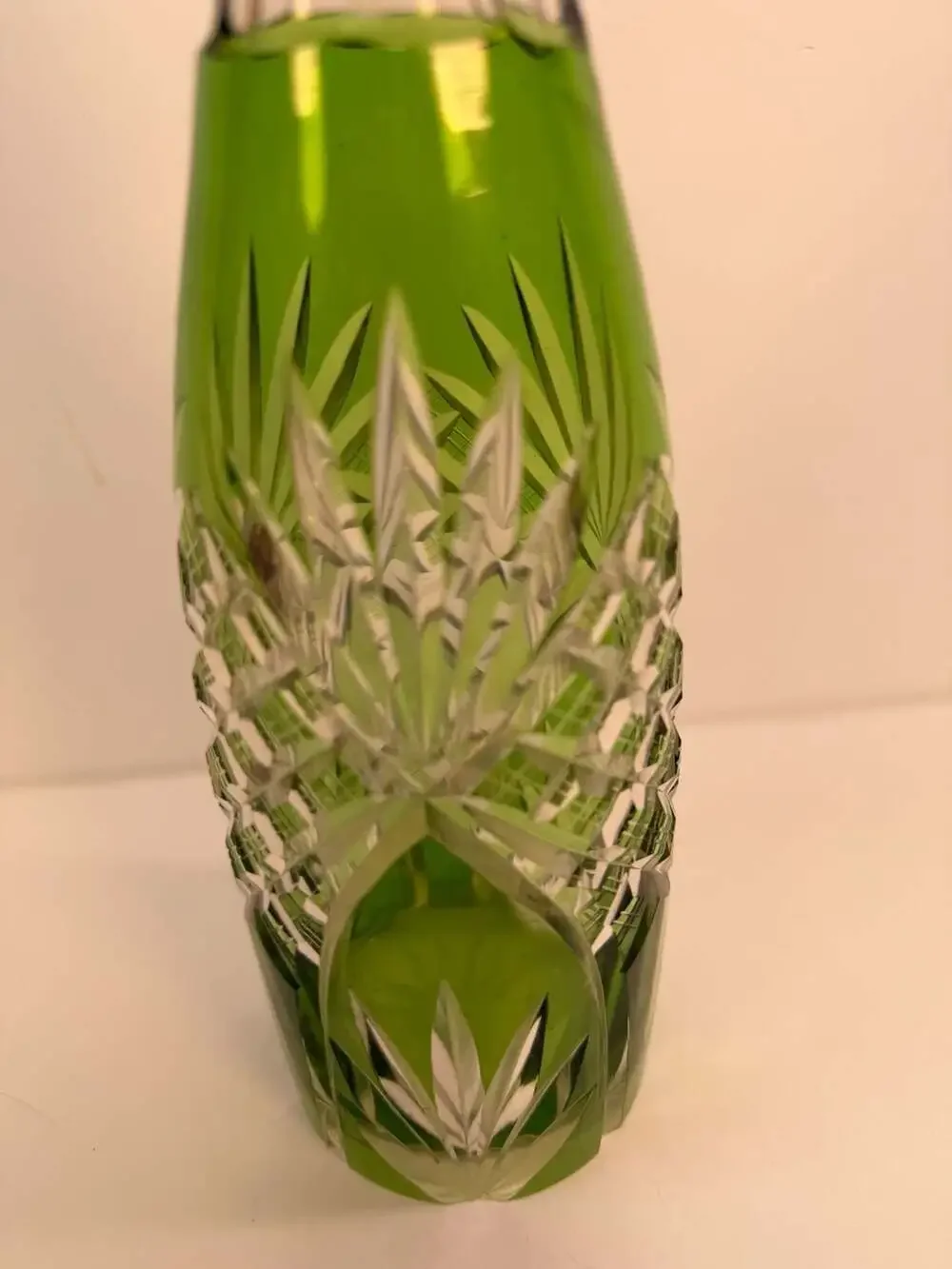 Vintage Bohemian Green Cut-to-Clear Crystal Decanter